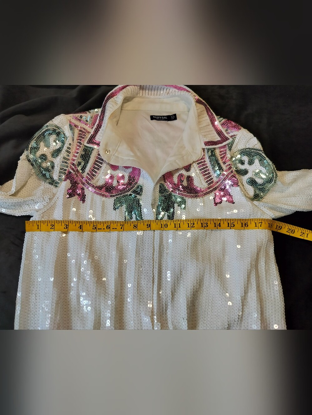 EUC Nasty Gal Fully Sequined White Dress Jacket Pink And Green Designs - Size 4 - Picture 8 of 10